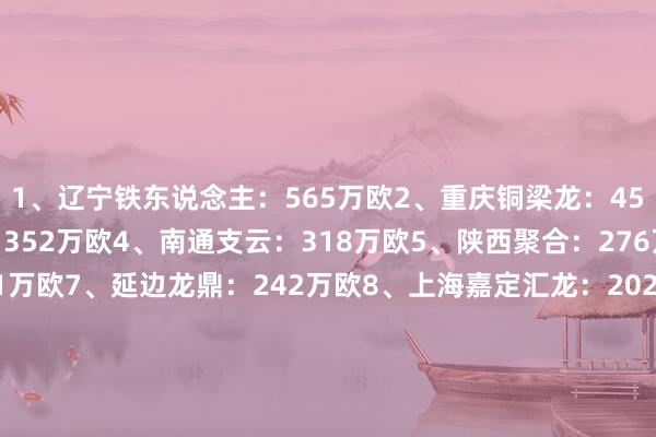 1、辽宁铁东说念主：565万欧2、重庆铜梁龙：454万欧3、广东广州豹：352万欧4、南通支云：318万欧5、陕西聚合：276万欧6、苏州东吴：261万欧7、延边龙鼎：242万欧8、上海嘉定汇龙：202万欧9、石家庄功夫：198万欧10、青岛红狮：190万欧11、大连鲲城：190万欧12、深圳后生东说念主：181万欧13、佛山南狮：171万欧14、定南赣联：164万欧15、南京城市：157万欧16