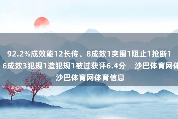 92.2%成效能12长传、8成效1突围1阻止1抢断10扞拒、6成效3犯规1造犯规1被过获评6.4分    沙巴体育网体育信息
